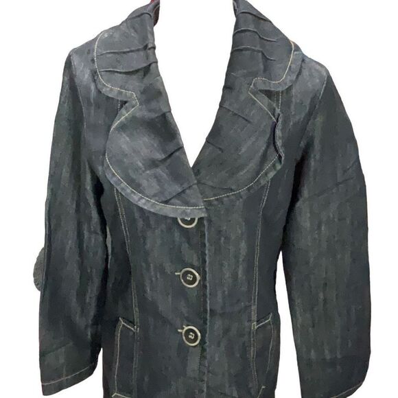 VTG Baccini Dark Blue Denim Jacket Wide Puckered Collar Button Front Size Small - Picture 2 of 5